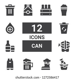 can icon set. Collection of 12 filled can icons included Beer, Gardening, Beers, Recycling bin, Drop, Bin