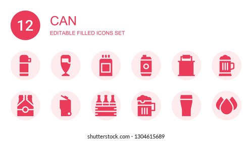 can icon set. Collection of 12 filled can icons included Thermo, Beer, Paint can, Energy drink, Paint bucket, Garbage, Drops