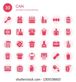 can icon set. Collection of 30 filled can icons included Slotted spoon, Beer, Beers, Seeds, Dustpan, Paint bucket, Bucket, Watering can, Trash, Brewery, Painting, Rubber, Beer