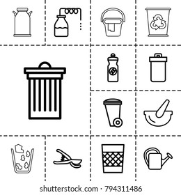 Can icons. set of 13 editable outline can icons such as canister, trash bin, energy drink, garden tools, watering can, bucket