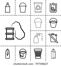 Can icons. set of 13 editable outline can icons such as bucket, trash bin, spray paint, no oil, energetic drink, smoking can, canister