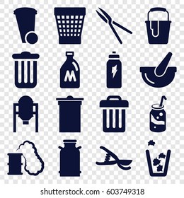 Can icons set. set of 16 can filled icons such as canister, tank, trash bin, paint bucket, soda, garden tools, bucket