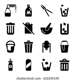 Can icons set. set of 16 can filled icons such as milk can, tank, trash bin, bucket, paint bucket, energy drink, garden tools, delete trash bin