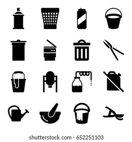 Can icons set. set of 16 can filled icons such as canister, bucket, tank, trash bin, paint bucket, spray paint, garden tools, delete trash bin