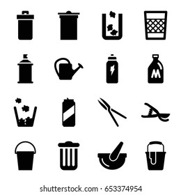 Can icons set. set of 16 can filled icons such as trash bin, paint bucket, spray paint, garden tools, bucket