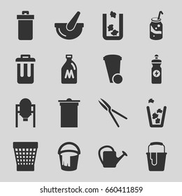 Can icons set. set of 16 can filled icons such as tank, trash bin, bucket, paint bucket, soda, energy drink, garden tools