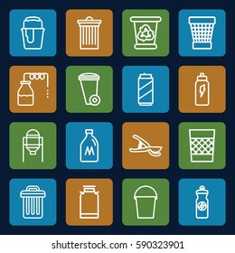can icons set. Set of 16 can outline icons such as canister, tank, trash bin, recycle bin, paint bucket, energy drink, garden tools, bucket