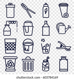 Can icons set. set of 16 can outline icons such as trash bin, canister, recycle bin, bucket, paint bucket, spray paint, soda, garden tools, watering can, delete trash bin