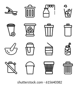 Can icons set. set of 16 can outline icons such as trash bin, canister, recycle bin, paint bucket, soda, garden tools, bucket, delete trash bin