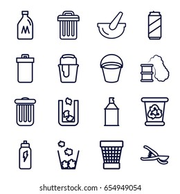 Can icons set. set of 16 can outline icons such as trash bin, bucket, recycle bin, paint bucket, spray paint, garden tools