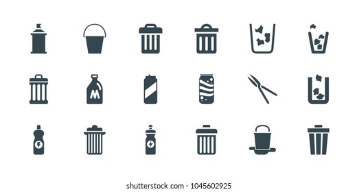 Can icons. set of 18 editable filled can icons: trash bin, spray paint, energy drink, garden tools, delete trash bin, bucket, paint bucket