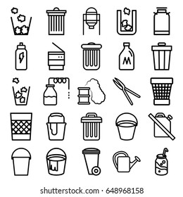 Can icons set. set of 25 can outline icons such as trash bin, canister, bucket, tank, paint bucket, soda, garden tools, energetic drink