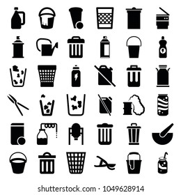 Can icons. set of 36 editable filled can icons such as canister, bucket, tank, trash bin, paint bucket, spray paint, soda, garden tools, no oil, delete trash bin, bin