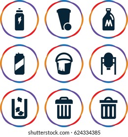 Can icons set. set of 9 can filled icons such as tank, trash bin, bucket, delete trash bin