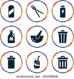 Can icons set. set of 9 can filled icons such as trash bin, soda, garden tools, bucket, delete trash bin
