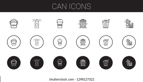 can icons set. Collection of can with bucket, spray, recycle bin, trash, homemade. Editable and scalable can icons.