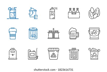 can icons set. Collection of can with bucket, trash, waste, sprayer, paper bin, beer, milk jar, seeds, paint spray, soft drink. Editable and scalable can icons.