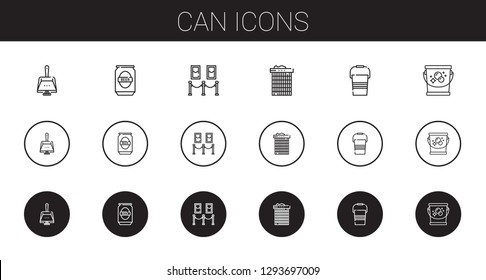can icons set. Collection of can with dustpan, beer, painting, recycle bin, bucket. Editable and scalable can icons.