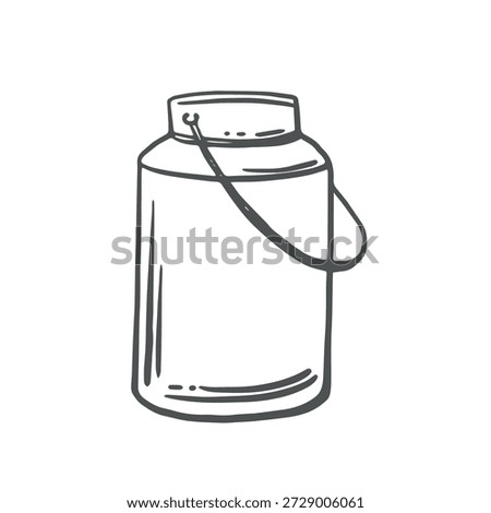 Can for milk, dairy product vector graphic illustration. Hand drawn container for beverage. Dishwear jug for beverage isolated drawing doodle. Black and white clipart for food design, card, sticker.
