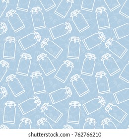 Can for milk. Seamless blue background with jar of milk.