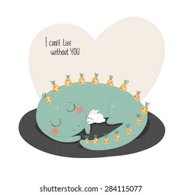 I can not live without you. Greeting card with a dragon, who grows carrots on his back, and bunny. Love.