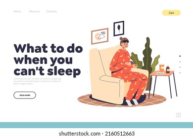 Can not sleep concept of landing page with tired depressed woman take sleeping pills to fall asleep. Unhappy girl suffer from insomnia and sleeplessness. Cartoon flat vector illustration