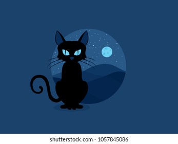 Can on a moonlight. Black cat with large eyes. 