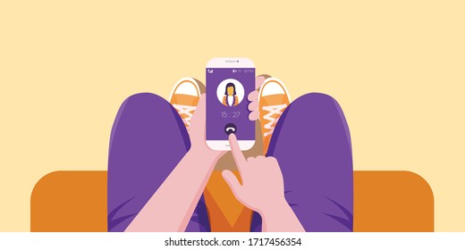 Can only communicate via online only. Can not go anywhere because of the corona virus epidemic.
Illustration about talking on the phone.