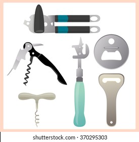 Can opener, bottle opener and an open white metal.
