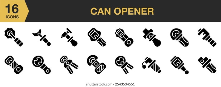 Can Opener icon set. Includes Can Opener Line Icons, and More. Solid icons vector collection.