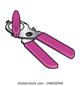 A can opener with pink handles.