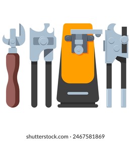 Can opener tools vector cartoon set isolated on a white background.