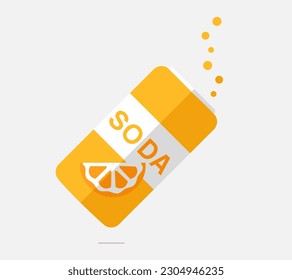 Can of orange soda hangs diagonally. Fizzy sweet lemonade with bubbles and shadow. Slice of orange. Drinks menu in the cafe. Flat style. Isolated. Vector illustration