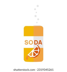 Can of orange soda hangs diagonally. Fizzy sweet lemonade with bubbles and shadow. Slice of orange. Drinks menu in the cafe. Flat style. Isolated. Vector illustration