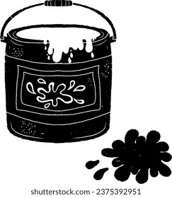 A can of paint, blotted, dripping. Graphics, linocut. Vector element.