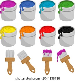 Una lata de pintura y un pincel. Un gran conjunto vectorial de pinturas y pinceles para reparación.