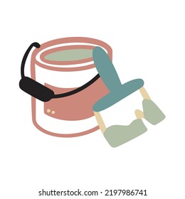 Eine Dose Farbe und eine Bürste. Malerei, Wandmalerei, Reparatur, Dekorationsrenovierung. Vektorgrafik-Doodle-Stil.