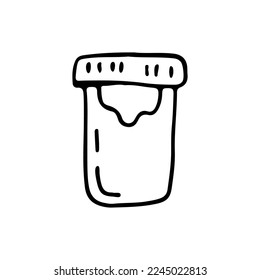 A can of paint, with a closed lid and a smudge of paint. Gouache. Doodle. Vector illustration. Hand drawn. Outline.