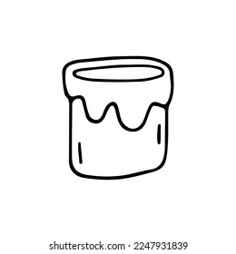 Can with paint and paint smudges on the walls. Plastic product, paintwork material. Doodle. Vector illustration. Hand drawn. Outline.