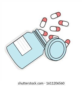 the can of pills fell. the tablets crumbled. vector illustration.