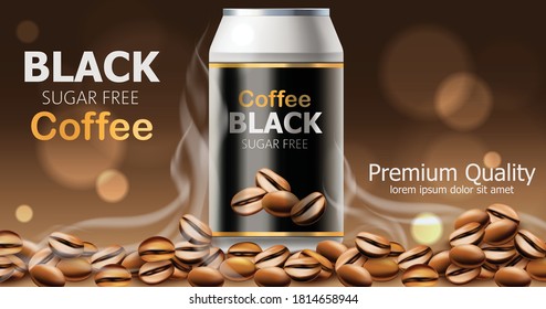 Can of premium quality sugar free black coffee. Place for text. 3D mockup product placement. Vector
