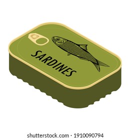 lata de sardinas vista isométrica aislada en fondo blanco. Comida en lata. Colección de empaquetado. 