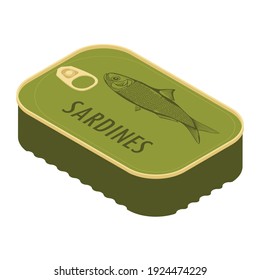 Can of sardines isometric view isolated on white background. Canned food. Packaging collection. 