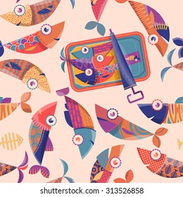 Can of sardines and multi-colored decorated fishes. Seamless background pattern. Vector illustration