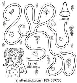 I can smell with my nose black and white maze game for kids. Five senses labyrinth coloring page. Printable learning activity worksheet. Puzzle for toddlers. Vector illustration