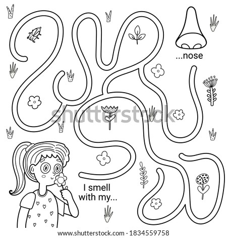 I can smell with my nose black and white maze game for kids. Five senses labyrinth coloring page. Printable learning activity worksheet. Puzzle for toddlers. Vector illustration