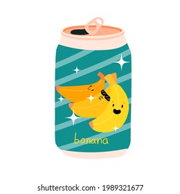 lata de refresco con banana. lata de aluminio de limonada. las lindas frutas kawaii. ilustración vectorial de stock aislada en fondo blanco.