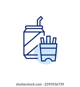 Can of soda with straw and french fries. Takeout or food delivery. Fast food, chain restaurants. Pixel perfect, editable stroke vector icon