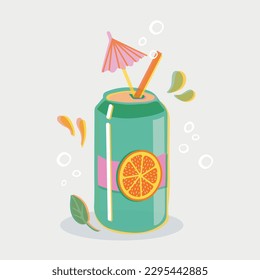 Can of soda vector illustration. Cocktail with straw, umbrella and bubbles in risoprint style. Hand-drawn vivid design for t shirt prints posters