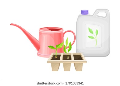 Can with Synthetic Fertilizer for Soil and Plant Growth and Watering Can Vector Illustration